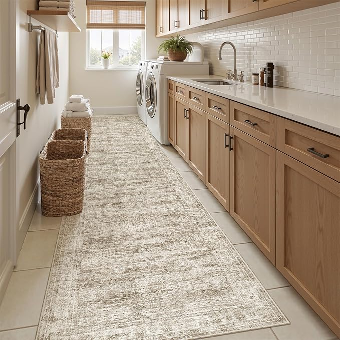 Soalmost Hallway Runner Rug 2'6" x 12' Washable Long Kitchen Rugs Brown | Non-Slip Vintage Runners 2.5x12ft for Bathroom Entryway, Thin Low-Pile Foldable Floor Carpet Mat 12 ft for Corridor Bedroom