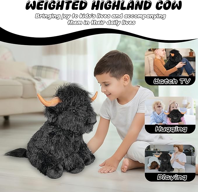 Highland Cow Weighted Stuffed Animals, 4 Lbs Black Highland Cow Plush 13.7 Inches, Surprise Weighted Stuffed Animals Gift for Kids Birthdays, Halloween, Christmas (Black)
