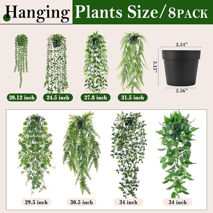 Der Rose 8Pcs Artificial Hanging Plants for Fuller Layered Wall Shelf Decor | Fake Vine Plants in black pots add bold contrast and refresh bathroom, kitchen, bedroom and ceiling decor indoor