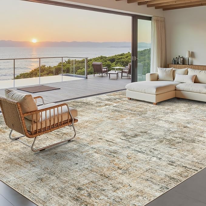 Soalmost 9x12 Area Rugs for Living Room Washable Rug Abstract Orange/Brown | Non-Slip Large Modern Carpet for Dining Bedroom, Soft Low Pile Lightweight Foldable Floor Mat Nursery Home Office Decor