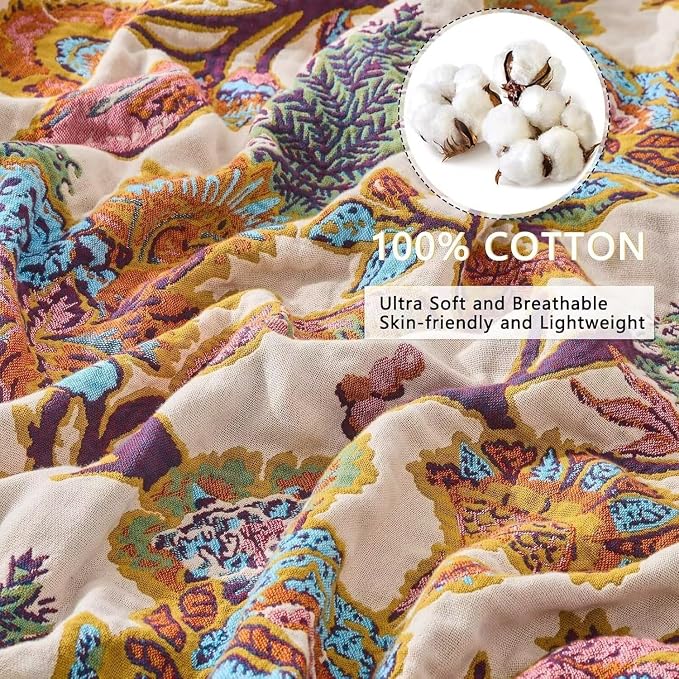 Boho Throw Blanket Farmhouse Decor Throw Blanket Bohemian Blanket for Bed 100% Cotton Muslin Woven Couch Blanket All Seasons Quilt Bedroom (E-Beige, 50"x60")
