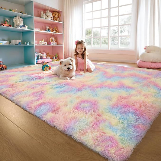 6x9 Rainbow Unicorn Rug for Kids Bedroom, Soft Plush Shag Carpet | Pastel Rainbow Area Rug for Girls Bedroom, Living Room, Nursery, Washable Non Slip Plush Carpet