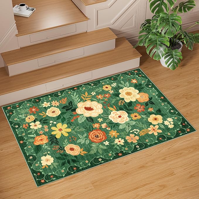 DUKINO 2x3 Entryway Rug, Door Mat Soft Washable Rug Non Slip, Dark Green | Low Pile, Non-Shedding, Floral Small Rug for Kitchen, Entrance, Bedroom, Bathroom, Pet Friendly, Stain Resistant, Home Decor