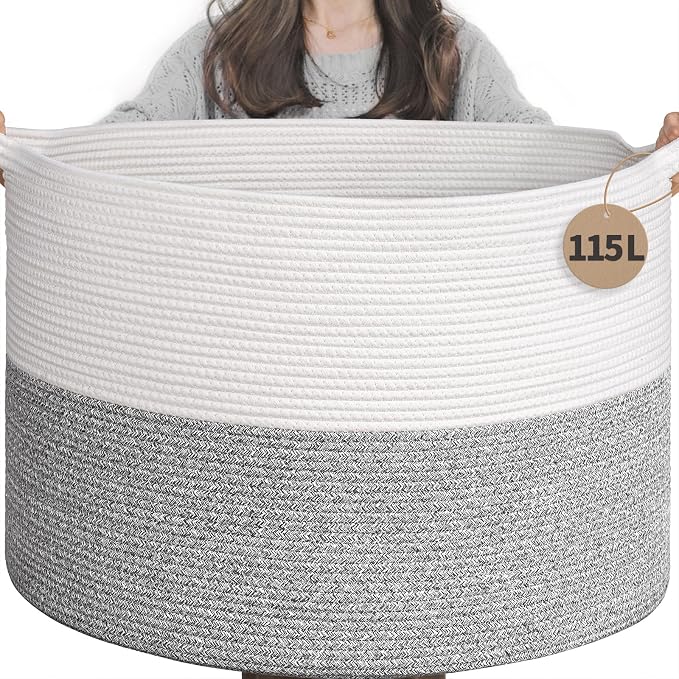 INDRESSME 115L Extra Large Woven Rope Blanket Basket Living Room Light Grey | 23.6" x 15.7" Storage baskets for toys laundry & pillows. Fits living room, bedroom or nursery décor. Soft-touch with handles