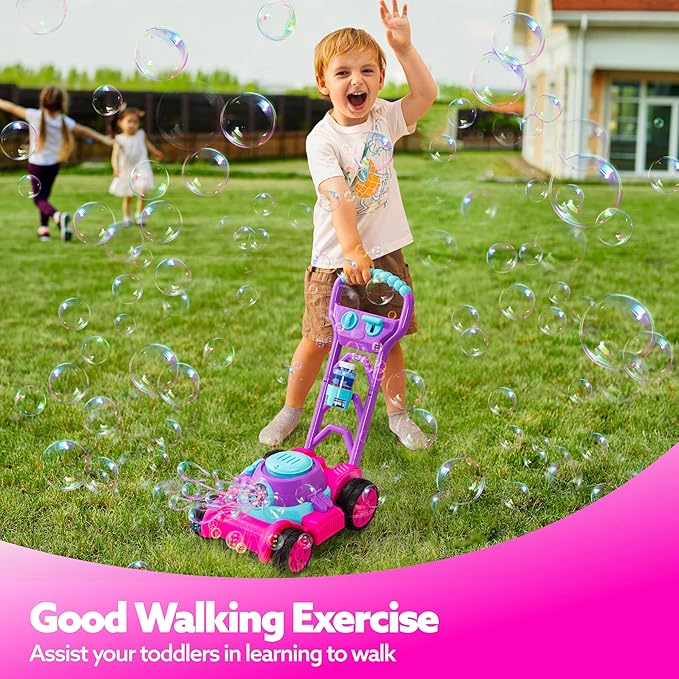 SLOOSH Bubble Lawn Mower Toddler Toys - Spill-Proof Bubble Machine Pretend Gardening Toy for Age 1 2 3 1-3 Year Old Toddler Indoor Outdoor Use, Baby Girl Push Toys New Year Birthday Gift (Pink)
