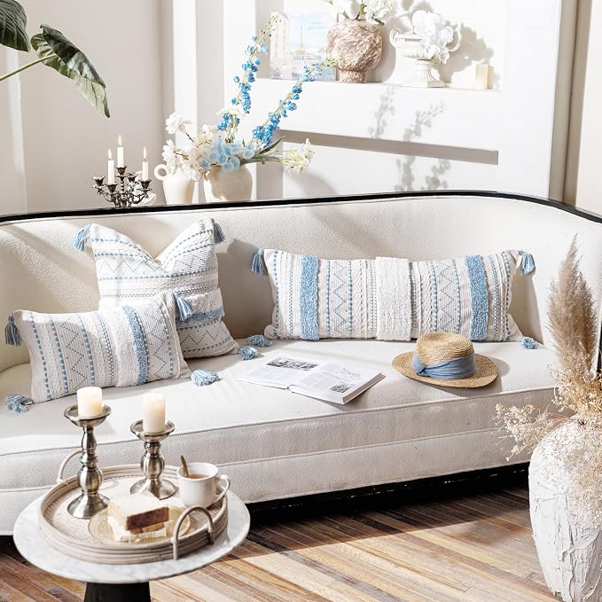18X18 Throw Pillow Cover, Coastal Blue Square Decorative Cushion Cover, Boho Accent Pillowcase with Tassels for Couch Sofa Living Room (Cover Only)