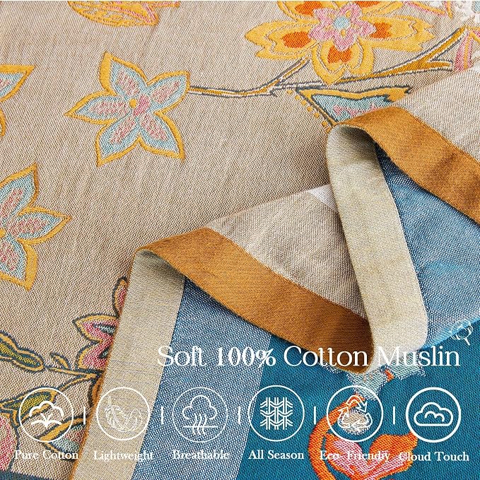 XIBLC Boho Blanket, 100% Cotton Farmhouse Decorative Throw Blanket, 60"x80" Reversible Bohemian Throw Blanket, Brown All Season Muslin Breathable Woven Blankets Quilt