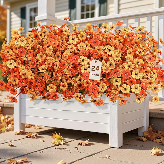 Alupssuc 24 Bundles Artificial Fall Flowers, UV Resistant Faux Mums Porch | Silk & Plastic, 13 Inch Tall, for Indoor Outdoor Planters Yard Patio Window Box, Autumn Outside Realistic Fake Decoration