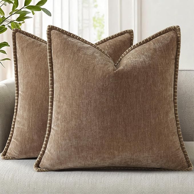 decorUhome Soft Chenille Throw Pillow Covers 24x24 Set of 2 Brown | Fall Textured Decorative Throw Pillow Cases Stitched Edge Modern Farmhouse Luxury Boho Velvet for Couch Sofa Bed Home Decor