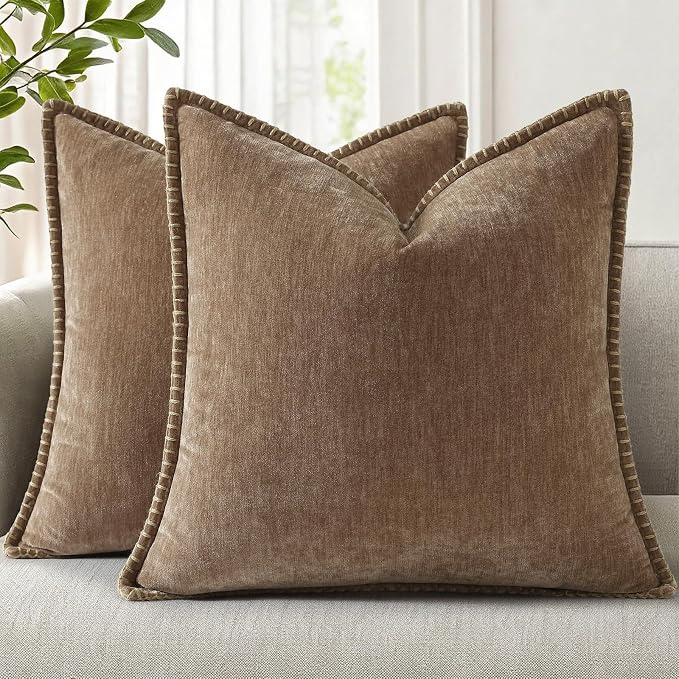 decorUhome Soft Chenille Throw Pillow Covers 16x16 Set of 2 Brown | Fall Textured Decorative Throw Pillow Cases Stitched Edge Modern Farmhouse Luxury Boho Velvet for Couch Sofa Bed Home Decor