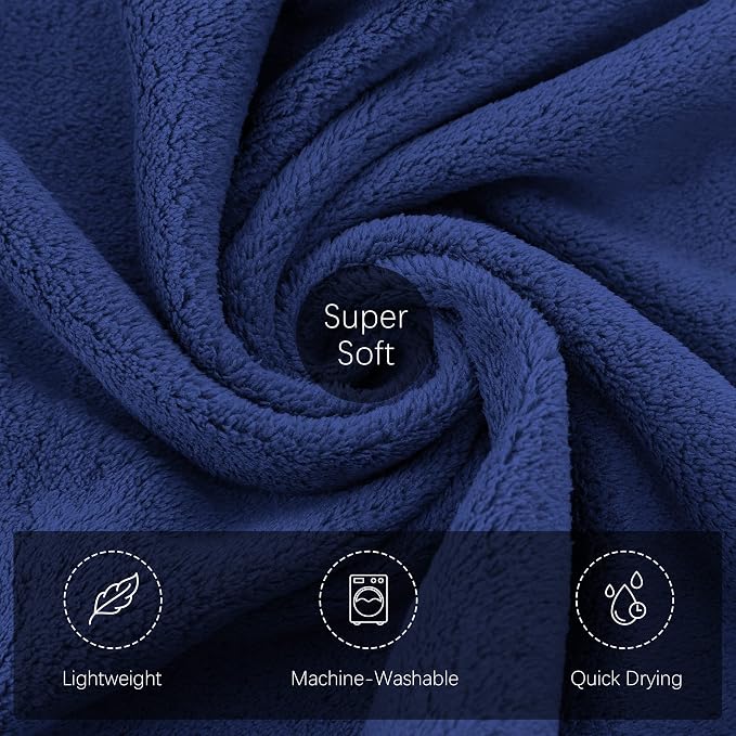 TENSTARS Luxury Silk Hemming Towel Set - Light Thin Quick Drying - 2 Bath Towels 2 Hand Towels 2 Washcloths - Ultra Soft Microfiber Towel for Bath Fitness, Sports, Yoga, Travel (Navy Blue 6 Pieces)