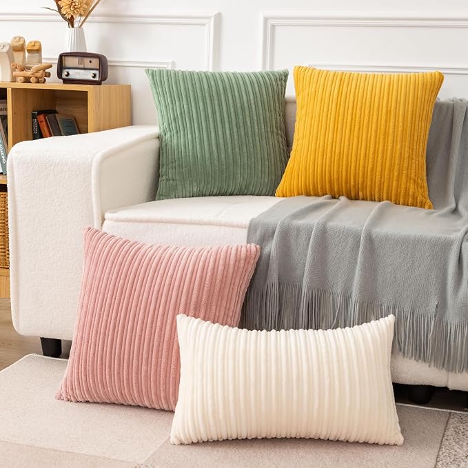 UGASA 14x20 Inch Pillow Cover Pack of 1 Soft Boho Stripe Corduroy Long Rectangular Lumbar Cushion Cover Farmhouse Decorative Throw Pillowcase for Bed, Couch, Sofa, Bedroom, Living Room, Cream