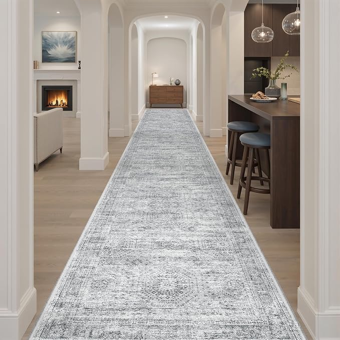 Soalmost Washable Hallway Runner Rug 3x18 Kitchen Entry Rugs Non-Slip, Grey | Vintage Extra Long Runners 18ft for Bathroom Entryway, Foldable Low-Pile Wide Floor Carpet for Corridor Living Room Bedroom