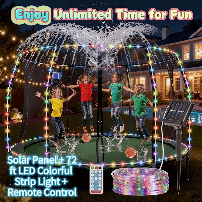Trampoline Accessories Kit for Kids - 4-in-1 Summer Fun (Basketball Hoop + 72FT Solar Colored Lights + Water Sprinkler+ 3 Grid Shoe Bags)-Fits 8-16ft Trampolines