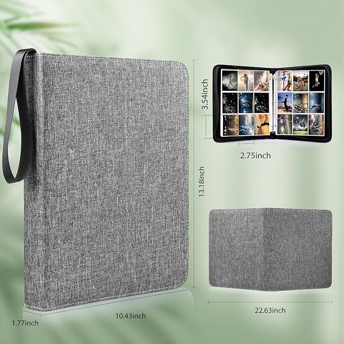 WOT I Trading Card Binder, 900 Pockets Collection Card Binder Sleeves with Polyester Fabric Cover&Zipper, Double Sided Pockets Card Holder Carry Card Case for Standard Size Cards - Grey