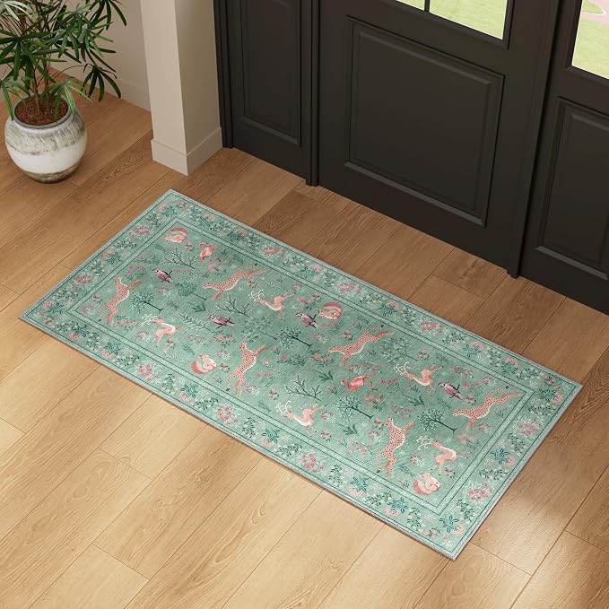 DUKINO 2x4 Rug for Entryway, Animal Washable Runner Rug for Kitchen, Teal | Non Slip, Low Pile, Stain Resistant Thin Indoor Carpet for Hallway, Bedroom, Bathroom, Laundry, Pet Friendly, Non-Shedding