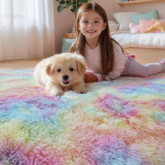 KICHOWUA KCHOWUA Rainbow Unicorn Thick Fluffy Fuzzy Rug 2x6, 2 Pcs Washable | Soft shaggy area rug non slip for girls bedroom, princess kids room, living room, nursery, dorm, and classroom