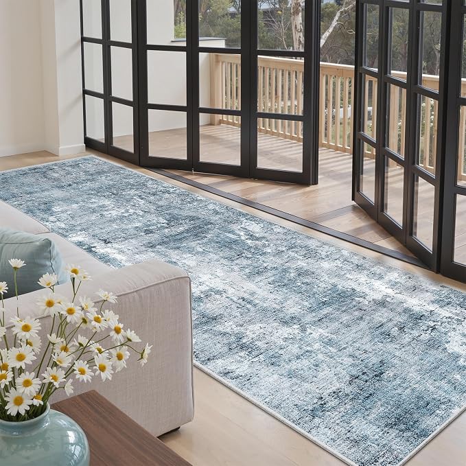 Soalmost Abstract Runner Rug 3x8 Hallway Kitchen Rugs Non-Slip, Blue/Grey | Vintage Washable Runners 8ft for Bathroom Laundry Room, Foldable Low-Pile Floor Carpet Mat for Entryway Corridor Bedroom