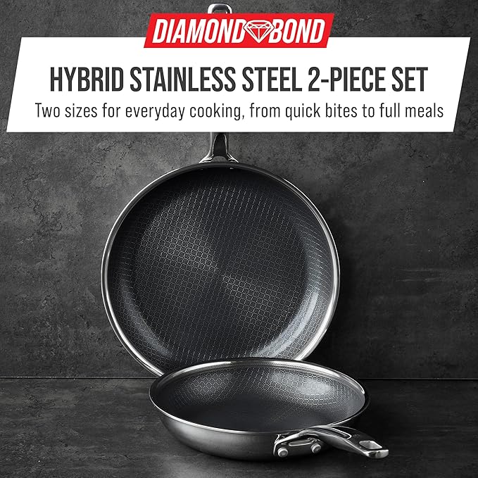 Blue Diamond Hybrid 2 Piece (8"&10") Stainless Steel Nonstick Fry Pan Set | PFAS-Free Ceramic Nonstick Skillets, Powerful Searing, Induction & All Cooktop Ready, Dishwasher and Oven Safe