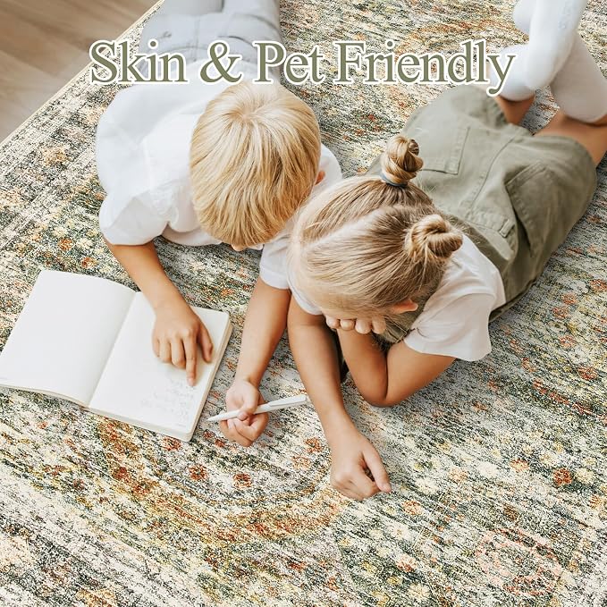 Soalmost 5x7 Area Rug Green/Orange Low Pile Washable Trendy Faded Style Rug | Vintage Non-Slip Indoor Accent for Bedroom Dining, Foldable Stain Resistant Floor Carpet Mat Under Table Home Office Decor