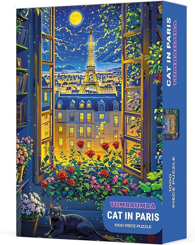 Cat in Paris. TUMBAUMBA, Puzzles for Adults 1000 Pieces, Relaxing Romantic Art Puzzle, Mate Finish Jigsaw Puzzles 1000 Pieces, Poster Included France Puzzles, Cozy Evening Paris Scene