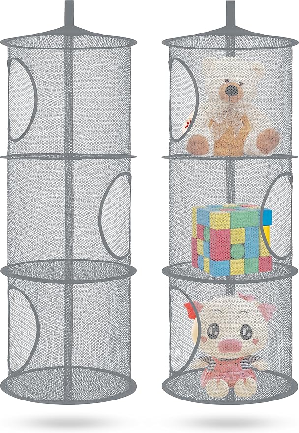 2Pcs Stuffed Animal Storage Foldable Stuffed Animal Net or Hammock Organizer, 3 Compartments Hanging Mesh Toy Storage Hammock for Kid Room Toys, Gloves, Hats, Socks（Grey）