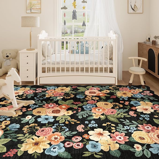 DUKINO 8x10 Area Rug for Living Room, Floral Washable Rug Non Slip, Black | Soft, Low Pile, Stain Resistant Throw Large Rug for Bedroom, Dining Room, Nursery, Kids Playroom, Pet Friendly, Home Decor