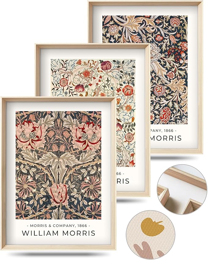 HesenDot William Morris Vintage Framed Wall Art, Floral Canvas Prints | 12x16IN Set of 3, High Framed Design Prints, Vintage Floral Pattern Wall Decor for Living Room Bedroom Bathroom
