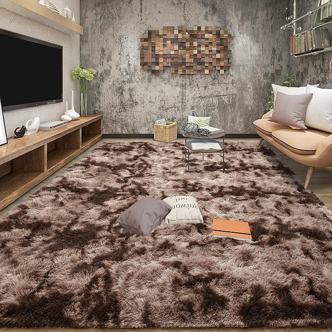 Tepook 6x9 Area Rugs for Living Room Bedroom, Soft Fluffy Plush Shaggy Girls Boys Kids Room Rug, Shag Upgrade Non-Slip Throw Carpet for Dorms Nursery Classroom Home Decor, Tie-Dyed Brown
