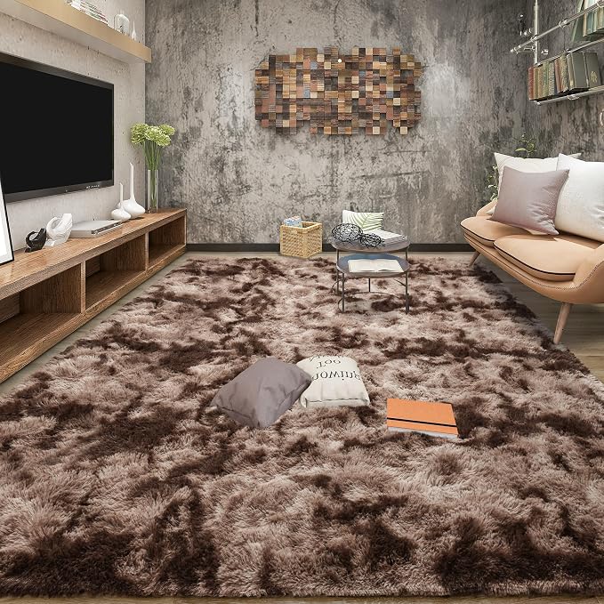 Tepook 8x10 Area Rugs for Living Room Bedroom, Soft Fluffy Plush Shaggy Girls Boys Kids Room Rug, Shag Upgrade Non-Slip Throw Carpet for Dorms Nursery Classroom Home Decor, Tie-Dyed Brown