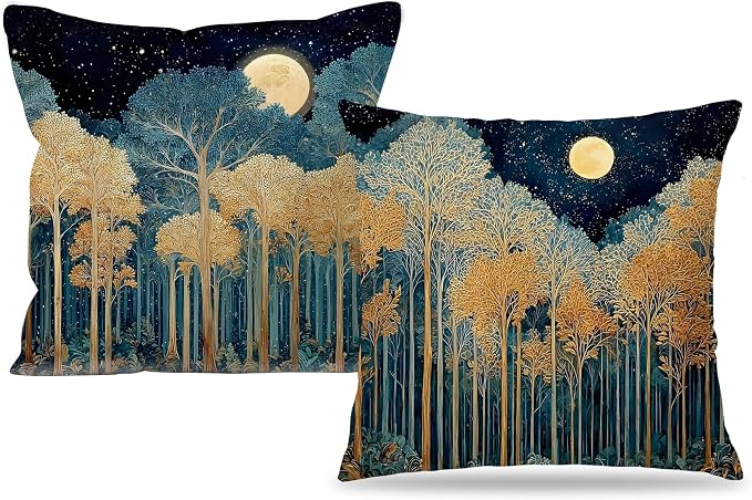 Rustic William Morris Inspired Gold Forest Moon Pillow Covers 18x18 Set of 2,Vintage Black and Gold Botanical Moon Nature Landscape Decorative Throw Pillow Covers for Home Bedroom Living Room