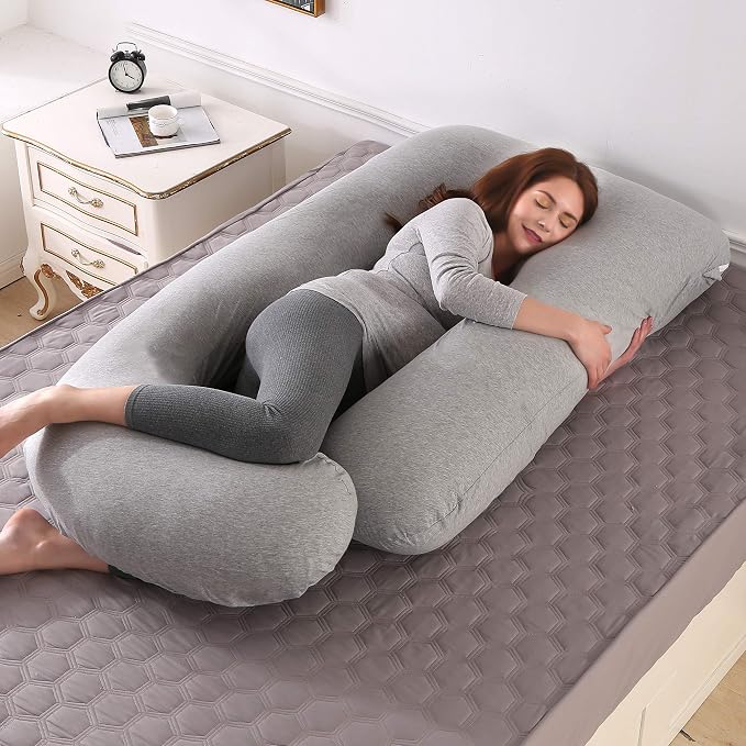 U-Shaped Full Body Pregnancy Pillow for Sleeping – 57" Maternity Pillow with Removable Cover, Support for Back, Legs, Belly & Hips (Jersey-LightGrey)