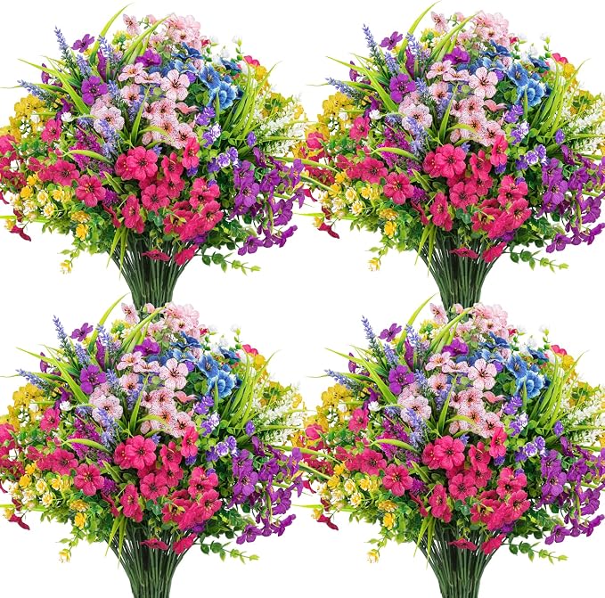 Ouddy Decor 24 Pcs Mixed Artificial Flowers for Outdoors Home Decorations | Fake silk flowers, plastic plants, faux lavender, UV resistant for garden patio window box office table kitchen home decor