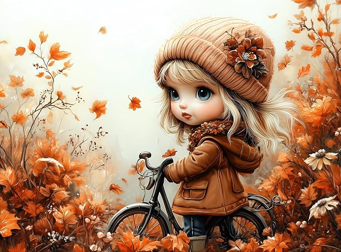 1000 Piece Jigsaw Puzzle for Adults - Cute Girl with Bicycle in Colorful Fall Leaves and Flowers - Challenging Puzzle Perfect for Game Nights - 20x27 inches (Autumn's Grace)