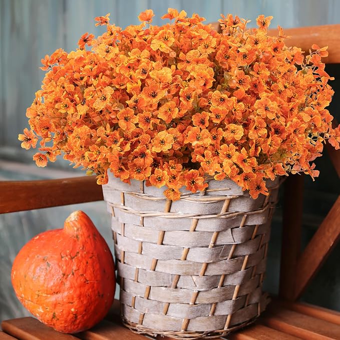 ColoPlay 18 Bundles Artificial Mums for Outdoors, Fake Flowers Fall Decor | Faux Mums for Outdoor Planters, Eucalyptus Leaves UV Resistant Fake Plants for Home Porch Box Wedding Farmhouse(Fall Orange)