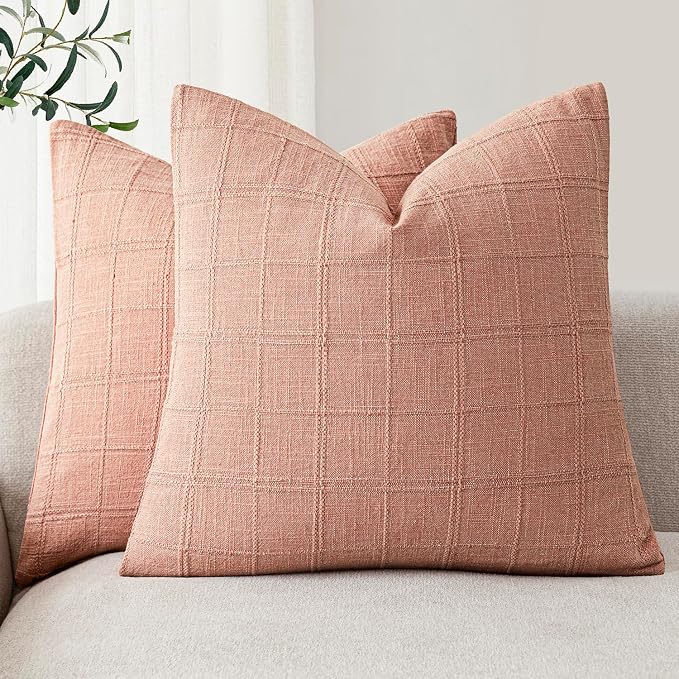 Foindtower Set of 2 Decorative Linen Check Throw Pillow Covers Neutral Farmhouse Vintage Cushion Covers Modern Boho Accent Home Decor for Sofa Chair Couch Bedroom Living Room,20×20 Inch,Coral Pink