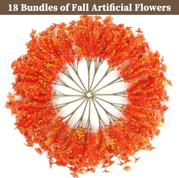 ColoPlay 18 Bundles Artificial Mums for Outdoors, Fake Flowers Fall Decor | Faux Mums for Outdoor Planters, Eucalyptus Leaves UV Resistant Fake Plants for Home Porch Box Wedding Farmhouse(Orange)