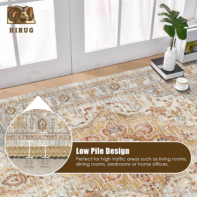 Washable Area Rug 9' x 12' Vintage Traditional Persian Mat - Foldable Distressed Non-Slip Machine Washable Carpet for Living Room Bedroom Kitchen Home Decor - Dove Gray and Coral
