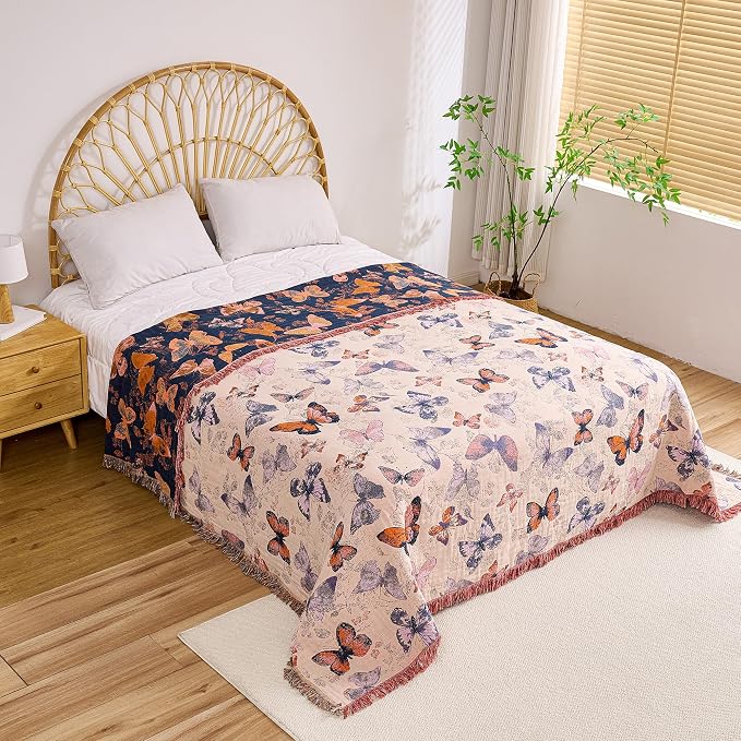 VANJOROY Boho Throw Blanket, 100% Organic Cotton Breathable Ultra Soft 91" x 108" King Bed Quilt Throw - All Season Floral Rustic Farmhouse Decor Luxury Blanket for Sofa Couch Chair and Gift