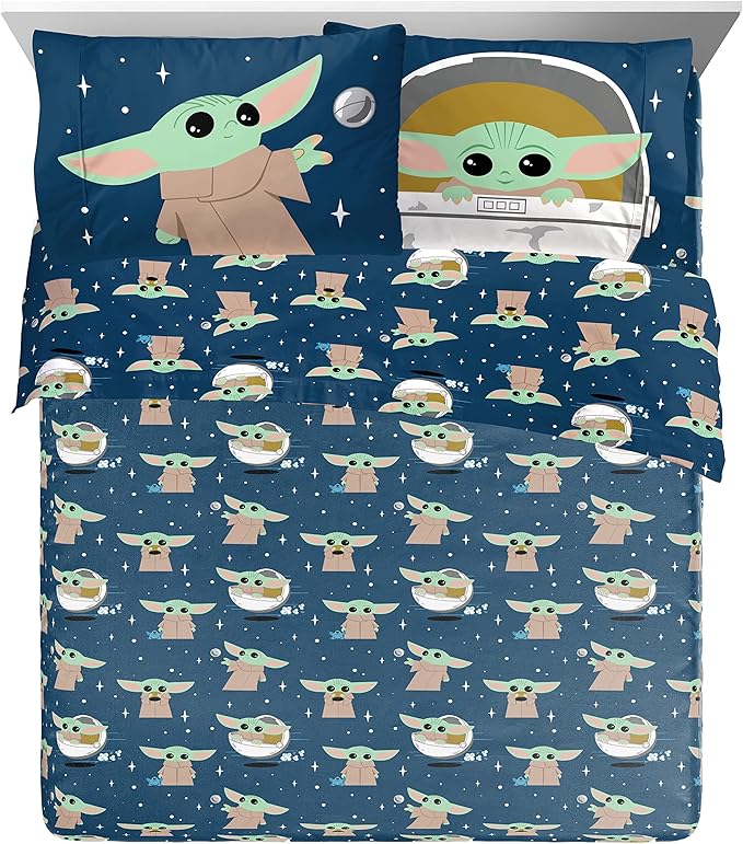 Jay Franco Star Wars The Mandalorian Hello Grogu 7 Piece Queen Size Bed Set - Includes Comforter & Sheet Set - Super Soft Kids Bedding Fade Resistant Microfiber (Official Star Wars Product)