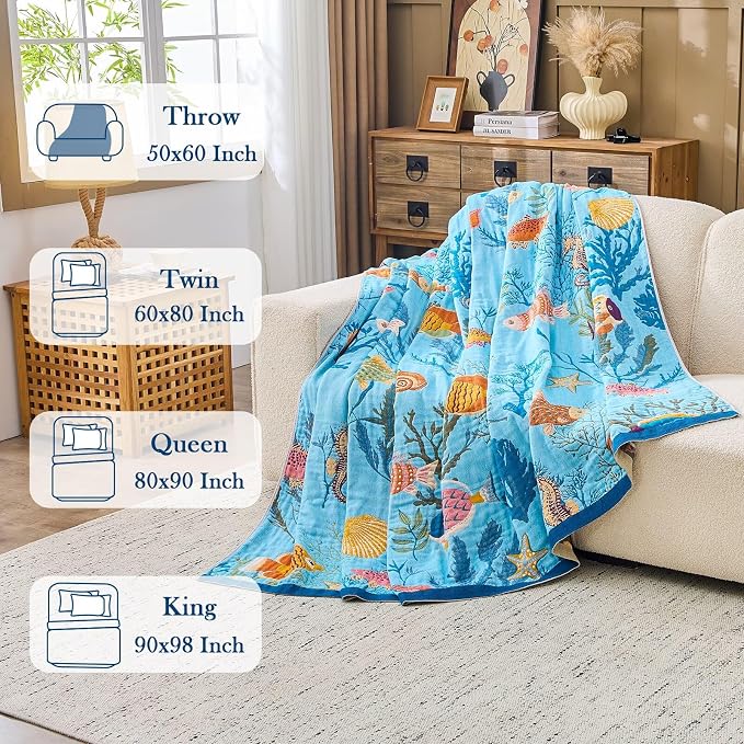 XIBLC Boho Throw Blanket 100% Cotton Vintage Blanket Muslin Woven Flower Decorative Throw Blankets All Season Bohemian Rustic Farmhouse Decor Quilt for Bed (Blue 80"x90")
