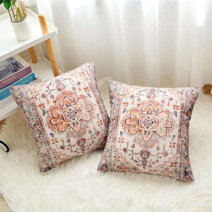 Boho Throw Pillow Covers 24x24 inch Set of 2,Boho Vintage Carpet Pattern Antique Ethnic Decor Double Sided Pattern Cushion Cover Soft Pillow Case Living Sofa Room Bed Square Pillow Cover