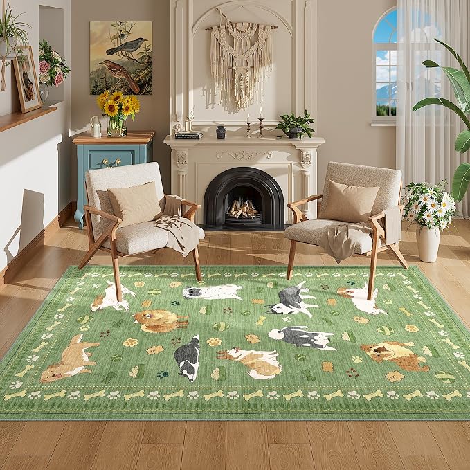 DUKINO 3x5 Rug, Washable Dog Bedroom Area Rug Soft Non Slip, Green | Low Pile, Non-Shedding, Stain Resistant Animal Carpet for Bathroom Dorm Office Dining Living Room Kitchen, Kid & Pet Friendly