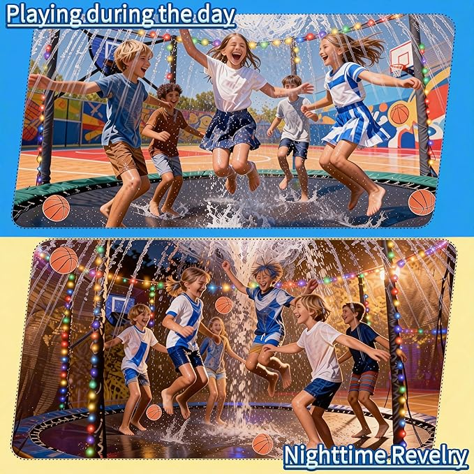 Trampoline Accessories Kit for Kids - 4-in-1 Summer Fun (Basketball Hoop + 72FT Solar Colored Lights + Water Sprinkler+ 3 Grid Shoe Bags)-Fits 8-16ft Trampolines