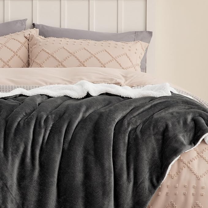 Bedsure GentleSoft Sherpa Fleece Blankets King Size for Bed, Non-Heated, Thick and Warm Throw for Women and Men, Soft Fuzzy Plush King Blanket for Winter, Charcoal, 108x90 Inches