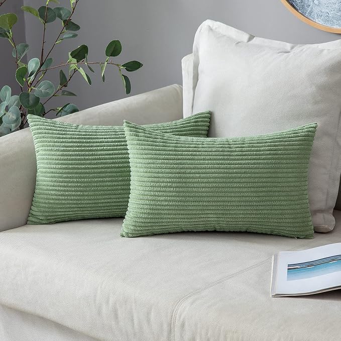MIULEE Lumbar Corduroy Throw Pillow Covers Set of 2 12x20 Sage Green | Decorative Soft Striped Textured Cushion Cases, Boho Pillowcases for Home Decor, for Couch Chair Sofa Bed Living Room