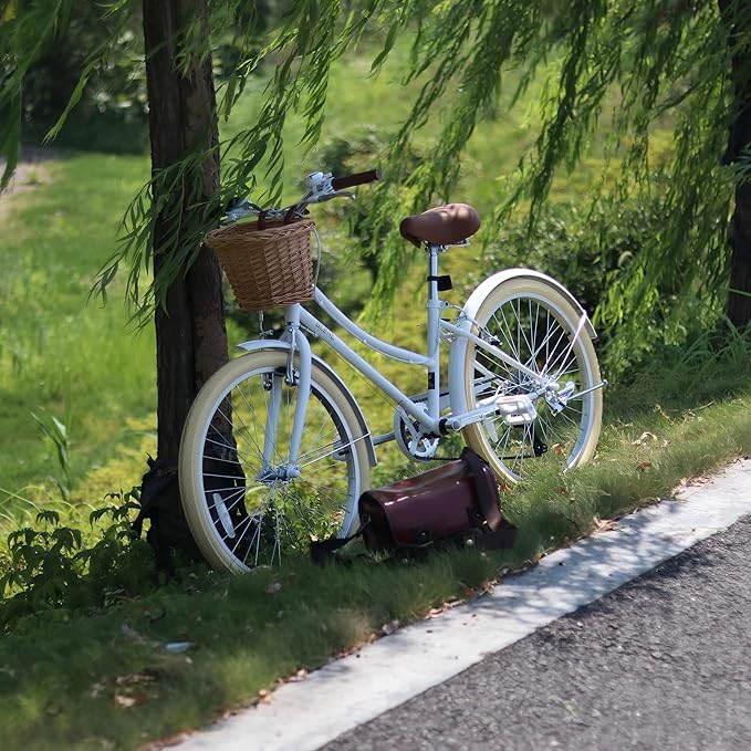 Glerc 20 24 26 Inch Beach Cruiser Bike, 6-Speed Hybrid City Bicycle for Girls Youth and Over 6 Years Old, Missy Bike with Wicker Basket & Lightweight, Multiple Colors