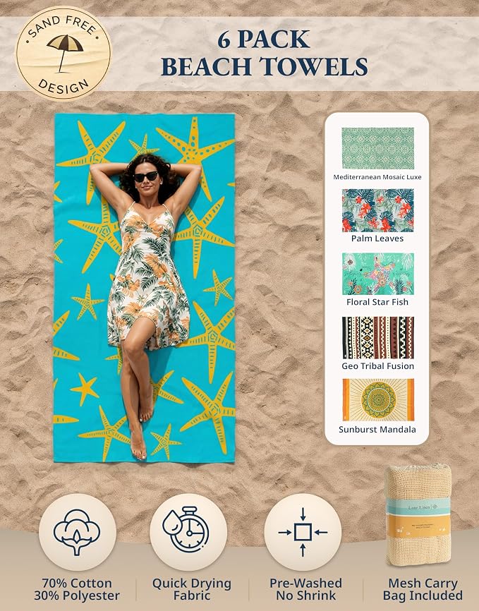 LANE LINEN Beach Towels 6 Pack, Oversized Beach Towel, Lightweight Beach Essentials for Women, Large Pool Towel, Absorbent & Quick Dry, Sand Free Beach Towel, 39"x71" - Island Boho