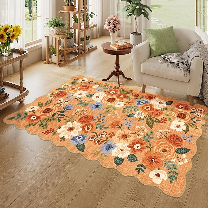 DUKINO 3x5 Area Rugs, Non Slip Floral Washable Rug for Bedroom, Orange | Soft, Low Pile, Non-Shedding Throw Rugs for Living Room, Entryway, Kitchen, Kids Room, Pet Friendly, Home Decor, Lightweight