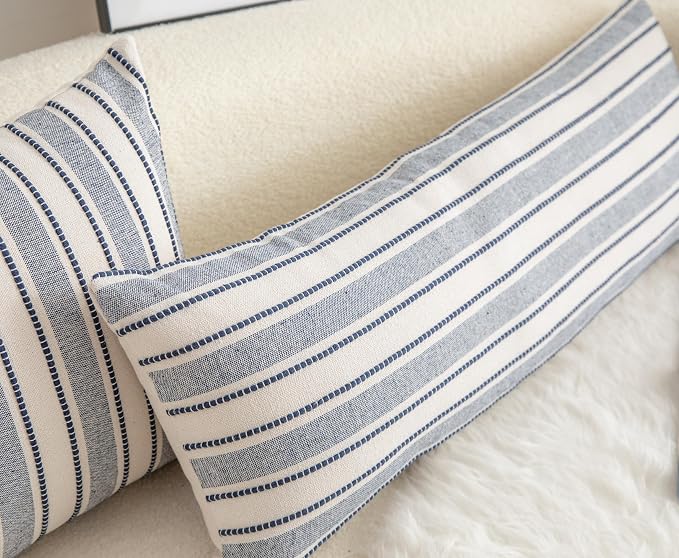Cethom Decorative Boho Lumbar Pillow Covers, Modern Farmhouse Couch Pillowcase, 14 x 36 Long Accent Body Throw Pillow Covers, Sofa Bed Living Room Decor Cushion Case, Navy Blue and Beige, Pack of 1